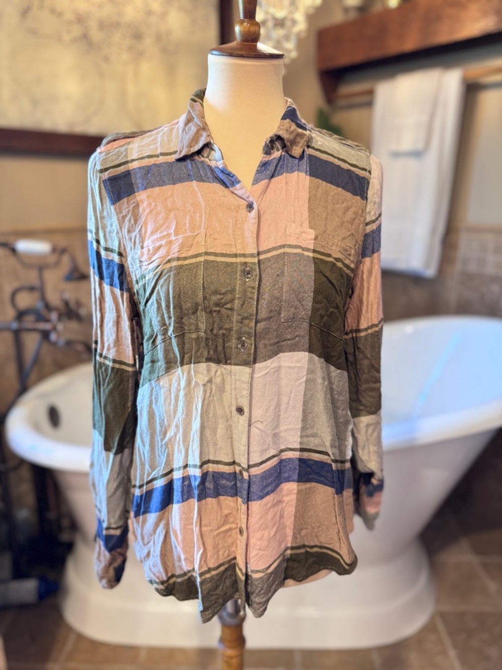 Lucky Brand Olive, Blush & Blue Plaid Shirt size medium